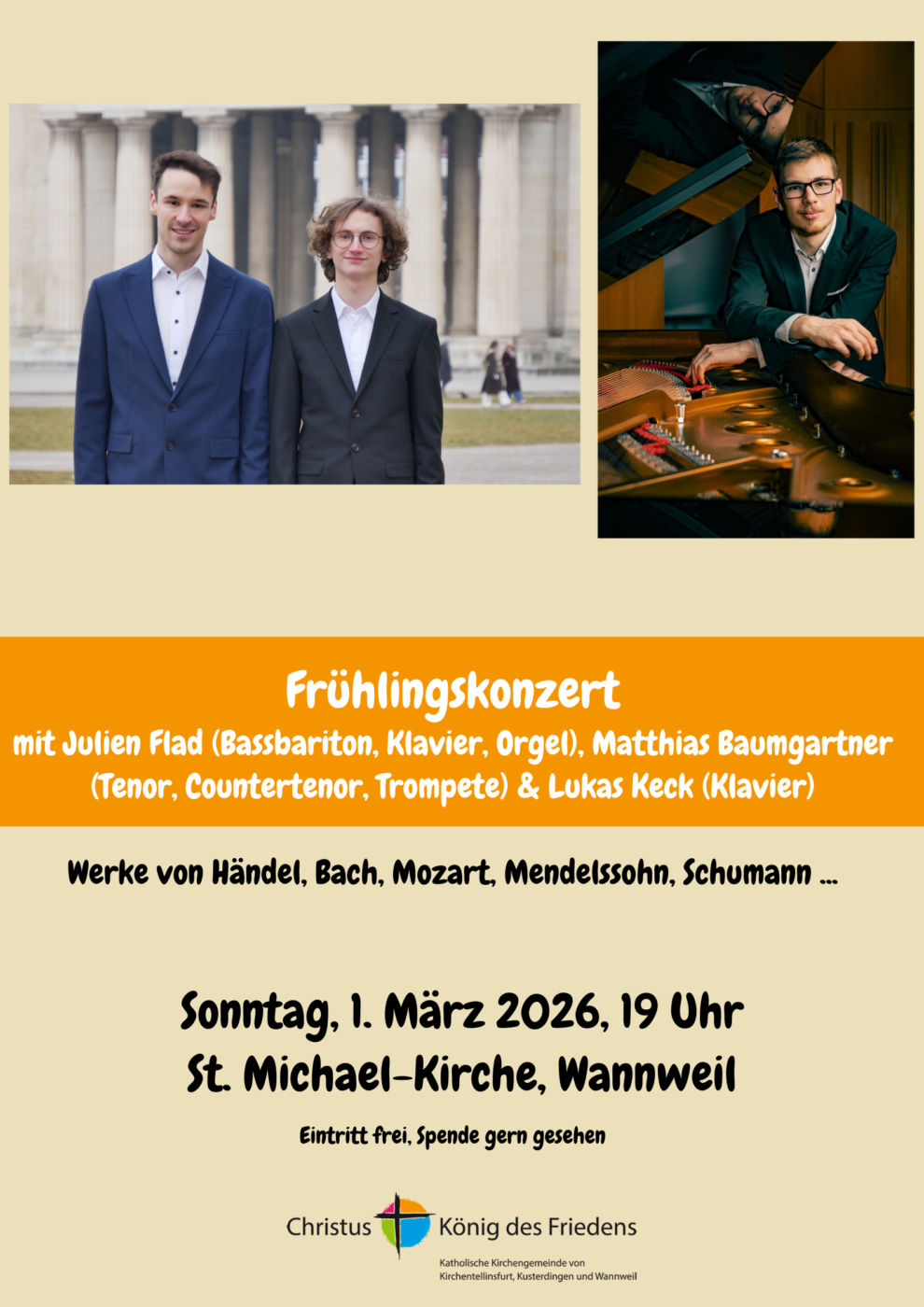 Plakat Frühlingskonzert Julien Flad & Matthias Baumgartner & Lukas Keck