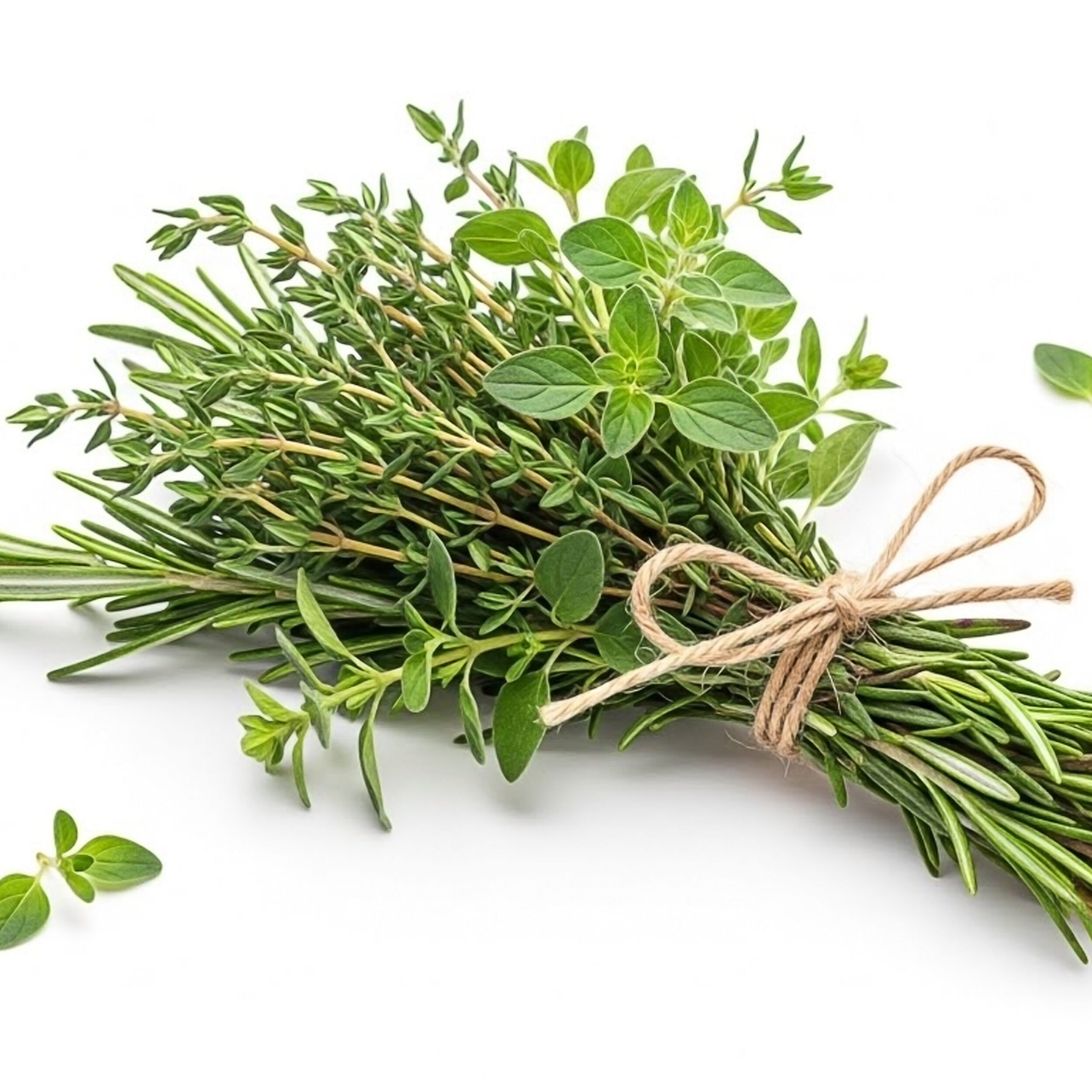 Fresh Herbs Bunch Tied with Twine on White Background